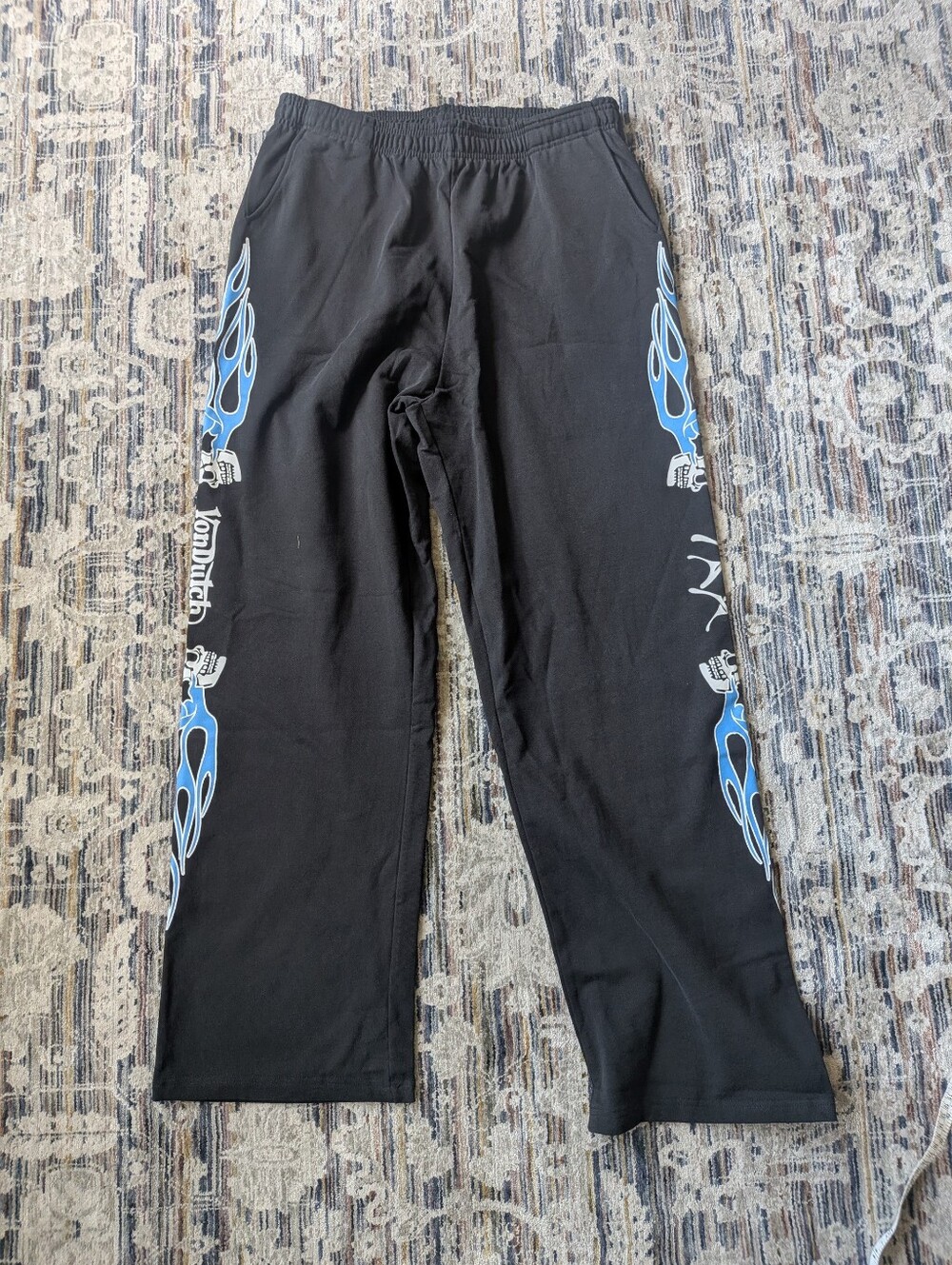 Von Dutch Flame Skull Fleece Sweatpants Black Blue Graphic Y2K NWT Size XL